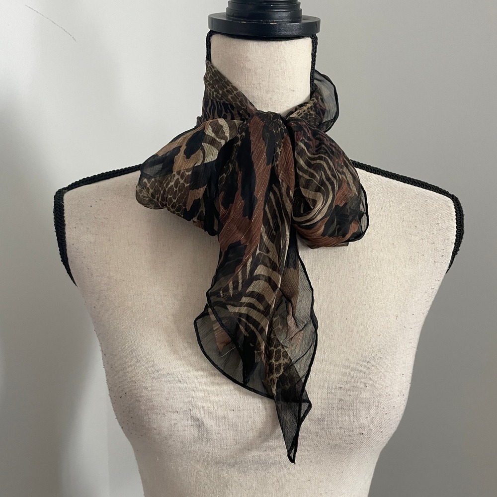 Khaki Brown‎ Patchwork Signature Ocelot Snake Animal Ponytail Scarf Chic Accent